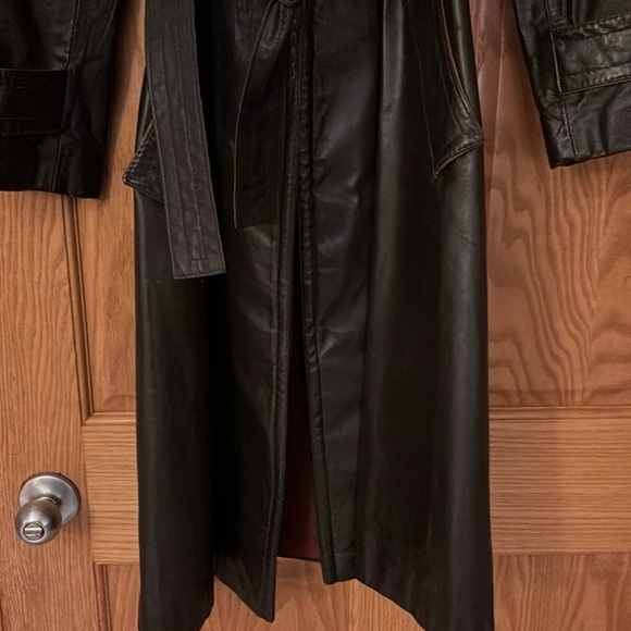 Vintage Faux Leather Brown BeltedTrench Coat 10 - Picture 3 of 8